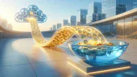 A three-dimensional graphic showing a light blue, translucent cloud icon with digital blocks inside, from which a glowing, wavy stream of golden coins flows. The stream leads into a clear glass bowl, also filled with golden coins. The background features modern glass-fronted buildings of a cityscape under a bright sky with soft sunlight. The scene is set on a tiled outdoor plaza.