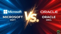 A split graphic comparing Microsoft and Oracle. The left side, in blue, displays the Microsoft logo, 'Microsoft', and 'MSFT' against a background of faint stock chart lines. The right side, in red, displays the Oracle logo, 'ORACLE', and 'ORCL' against similar stock chart lines. A glowing golden 'VS.' symbol with lightning effects dramatically separates the two companies in the center. A small '24/7 WALL ST' logo is visible in the bottom right corner.