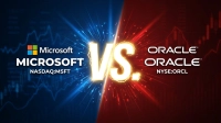 A split image shows Microsoft on the left against a blue background with financial charts and Oracle on the right against a red background with financial charts. A large, glowing 'VS.' separates the two. On the left, the Microsoft logo, 'Microsoft' in text, and 'MICROSOFT NASDAQ:MSFT' are displayed. On the right, the Oracle logo, 'ORACLE' in text, and 'NYSE:ORCL' are shown.