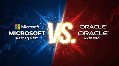 A split image shows Microsoft on the left against a blue background with financial charts and Oracle on the right against a red background with financial charts. A large, glowing 'VS.' separates the two. On the left, the Microsoft logo, 'Microsoft' in text, and 'MICROSOFT NASDAQ:MSFT' are displayed. On the right, the Oracle logo, 'ORACLE' in text, and 'NYSE:ORCL' are shown.