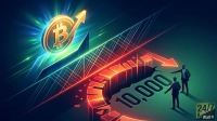 A stylized graphic showing a golden Bitcoin symbol with a bright green upward arrow emanating light. Below, a complex grid of neon blue and red lines forms a path, with a prominent red downward arrow breaking through the ground, leading to a glowing '10,000'. Two silhouetted business people in suits stand near the '10,000' mark, pointing towards the downward trend. The background is a dark gradient transitioning from deep blue to green. A '24/7 Wall St' logo is in the bottom right corner.