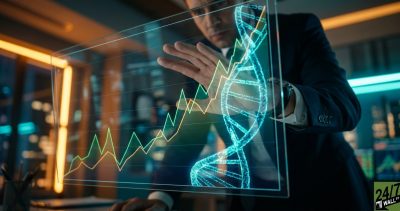 Directly appeals to the investor audience by juxtaposing high-tech medical research with the visual language of financial growth, using a 'visual vibration' color palette.
