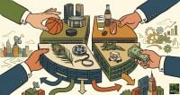 A conceptual illustration of four hands in suits dividing a large circular platform into segments representing various industries like sports, media, and manufacturing.