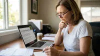 A woman with brown hair and glasses, wearing a grey t-shirt, sits at a wooden desk, deeply focused on a laptop screen. Her left hand rests on her chin in thought, while her right hand holds a pen over an open notebook. The laptop displays a news article with the headline 'U.S. Job Gains Revised Away'. To her left, a coffee cup sits on the desk, and papers are scattered nearby. A window with outdoor greenery is visible in the soft background light.