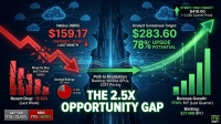 A digital graphic with a dark blue background featuring interconnected cloud icons and circuit board patterns. On the left side, a large red downward arrow appears to shatter several declining red bar charts, indicating a recent stock drop for Nebius (NBIS), with the price displayed as $159.17. Text beneath indicates a -32.59% drop last month and a -15.52% drop last week. A small pie chart shows analyst ratings, indicating a majority 'Buy' recommendation. On the right side, a bright green upward arrow overlays growing green bar charts, symbolizing future growth potential. Text displays an analyst consensus target of $283.60, representing 78% upside potential, and a street-high target of $410.00. A central horizontal green arrow links the two sides, labeled 'Path to Realization: Backlog, NVIDIA GPUs, 2027 Pricing.' Prominent text in the center of the image reads 'THE 2.5X OPPORTUNITY GAP.' Additional data points include revenue growth of +514% YoY and a backlog of $37.49B RPO. Year-to-date performance for S&P 500 (+12.05%) and NBIS (+90.16%) are also visible at the bottom.