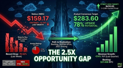 A digital graphic with a dark blue background featuring interconnected cloud icons and circuit board patterns. On the left side, a large red downward arrow appears to shatter several declining red bar charts, indicating a recent stock drop for Nebius (NBIS), with the price displayed as $159.17. Text beneath indicates a -32.59% drop last month and a -15.52% drop last week. A small pie chart shows analyst ratings, indicating a majority 'Buy' recommendation. On the right side, a bright green upward arrow overlays growing green bar charts, symbolizing future growth potential. Text displays an analyst consensus target of $283.60, representing 78% upside potential, and a street-high target of $410.00. A central horizontal green arrow links the two sides, labeled 'Path to Realization: Backlog, NVIDIA GPUs, 2027 Pricing.' Prominent text in the center of the image reads 'THE 2.5X OPPORTUNITY GAP.' Additional data points include revenue growth of +514% YoY and a backlog of $37.49B RPO. Year-to-date performance for S&P 500 (+12.05%) and NBIS (+90.16%) are also visible at the bottom.