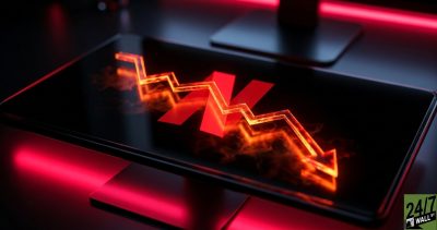 This concept uses 'visual vibration' by contrasting the iconic Netflix red with a jagged, glowing red decline line. The low-angle macro shot makes the financial trend feel physically imposing, creating an immediate sense of urgency for the scroll-user.