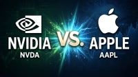 A graphic featuring the NVIDIA logo on the left in white on a dark green background, opposite the Apple logo on the right in white on a dark blue background. Between them, a golden 'VS.' is surrounded by bright, dynamic green and blue electrical sparks. Below the logos, "NVIDIA" and "NVDA" are written on the left, and "APPLE" and "AAPL" are on the right, all in white text. The background behind NVIDIA has subtle circuit board patterns and green financial graph lines, while the background behind Apple has similar circuit patterns and blue financial graph lines, suggesting technology and market competition.