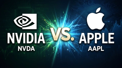 A graphic featuring the NVIDIA logo on the left in white on a dark green background, opposite the Apple logo on the right in white on a dark blue background. Between them, a golden 'VS.' is surrounded by bright, dynamic green and blue electrical sparks. Below the logos, "NVIDIA" and "NVDA" are written on the left, and "APPLE" and "AAPL" are on the right, all in white text. The background behind NVIDIA has subtle circuit board patterns and green financial graph lines, while the background behind Apple has similar circuit patterns and blue financial graph lines, suggesting technology and market competition.