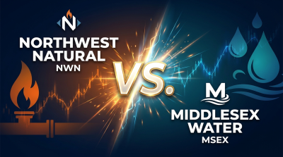 A vibrant graphic featuring a central glowing 'VS.' symbol that divides the image into two distinct halves. The left half, in warm orange and dark blue, displays a gas flame and pipe icon, with 'NORTHWEST NATURAL NWN' text and an upward trending stock chart in the background. The right half, in cool teal and dark blue, shows water drop and wave icons, with 'MIDDLESEX WATER MSEX' text and another upward trending stock chart. The overall composition is dynamic, suggesting a comparison or competition.