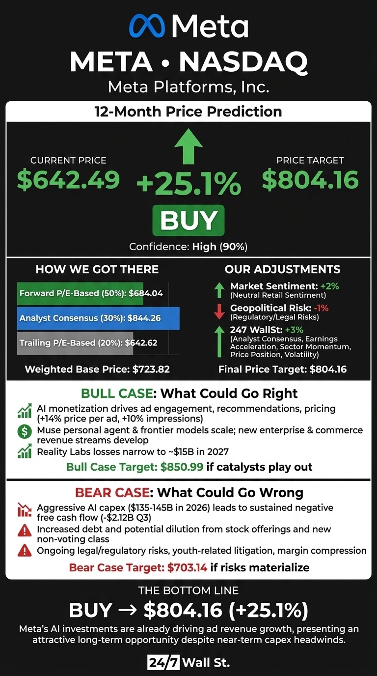 An infographic titled 'Meta • NASDAQ Meta Platforms, Inc. 12-Month Price Prediction' on a dark gray background. The main section displays 'CURRENT PRICE $642.49', a large green upward arrow, '+25.1%', 'PRICE TARGET $804.16', and a green 'BUY' button. Below this, 'Confidence: High (90%)' is noted. The 'HOW WE GOT THERE' section shows a 'Weighted Base Price: $723.82' derived from 'Forward P/E-Based (50%): $684.04', 'Analyst Consensus (30%): $844.26', and 'Trailing P/E-Based (20%): $642.62'. The 'OUR ADJUSTMENTS' section lists 'Market Sentiment: +2%', 'Geopolitical Risk: -1%', and '247 WallSt: +3%', culminating in a 'Final Price Target: $804.16'. The 'BULL CASE: What Could Go Right' section details reasons like AI monetization and Muse agent scaling, with a 'Bull Case Target: $850.99'. The 'BEAR CASE: What Could Go Wrong' section outlines risks such as aggressive AI capex ($135-145B in 2026) and increased debt, with a 'Bear Case Target: $703.14'. The infographic concludes with 'THE BOTTOM LINE: BUY → $804.16 (+25.1%)' and a statement about Meta's AI investments, attributed to '24/7 Wall St.'.