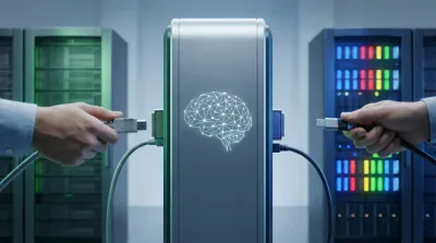 A close-up view shows two hands, one on each side, plugging gray and black USB-like cables into a sleek, silver-gray server unit. The server unit features a prominent glowing white outline of a human brain, depicted with a network of interconnected lines and dots. In the background, blurred server racks with illuminated green and multi-colored lights suggest a large data center environment.
