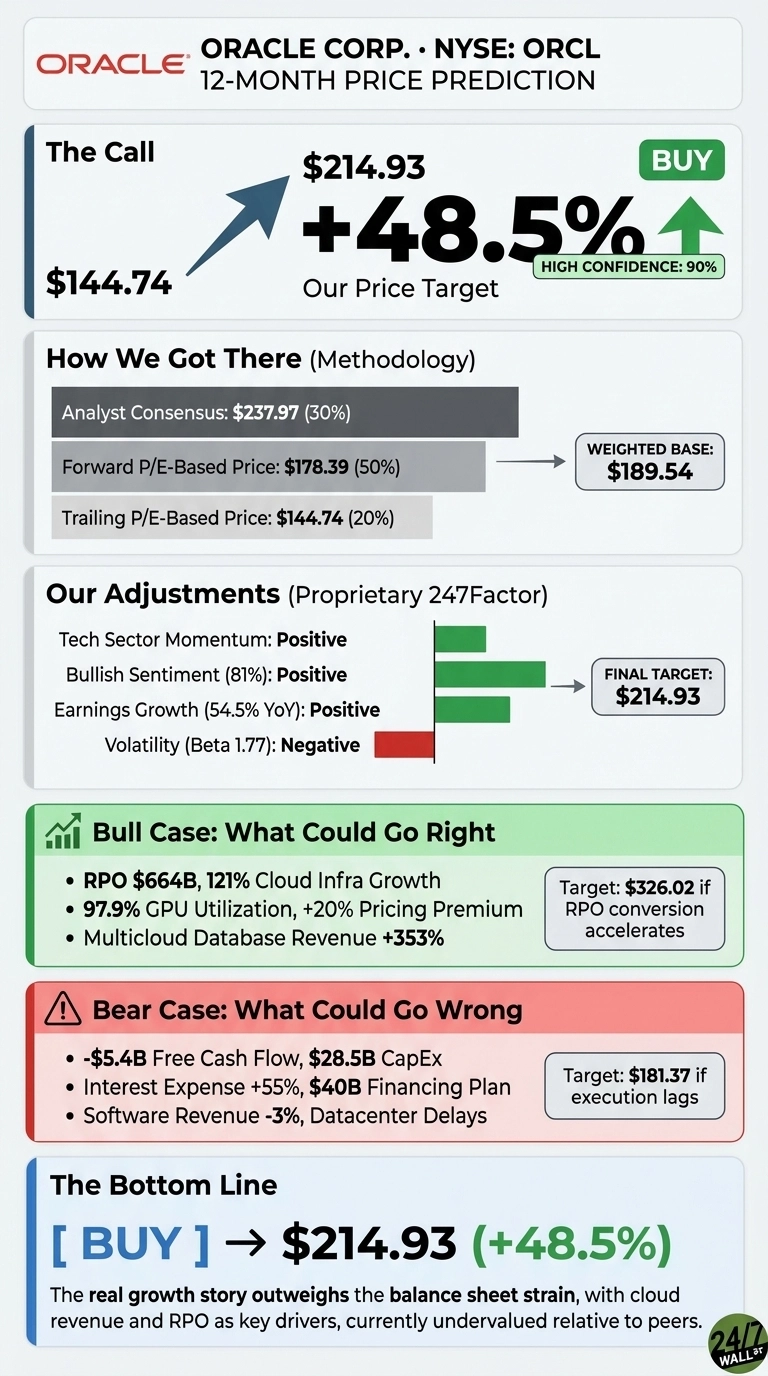 An infographic titled 'Oracle Corp. NYSE: ORCL 12-Month Price Prediction'. It shows a 'BUY' call with a target of $214.93 from $144.74, representing +48.5% upside and 90% high confidence. The methodology section outlines a weighted base of $189.54 derived from analyst consensus, forward P/E, and trailing P/E. Adjustments for Tech Sector Momentum, Bullish Sentiment (81%), Earnings Growth (54.5% YoY), and Volatility (Beta 1.77) lead to the final target of $214.93. Bull case scenarios include RPO $664B, 121% Cloud Infra Growth, and GPU utilization, with a target of $326.02. Bear case scenarios mention -$5.4B Free Cash Flow and datacenter delays, targeting $181.37. The bottom line confirms a 'BUY' rating and highlights cloud revenue and RPO as key drivers.