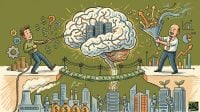 A conceptual illustration of the AI economy showing a server-filled brain, two men managing financial flows, and robots working in a city below a bridge made of money.