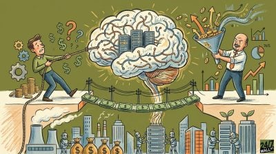 A conceptual illustration of the AI economy showing a server-filled brain, two men managing financial flows, and robots working in a city below a bridge made of money.