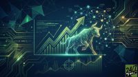 A glowing green polygonal bull moves across an ascending stock market graph with a large green arrow pointing upward amidst digital circuitry.