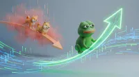 A 3D rendered image features a green Pepe the Frog character confidently riding a glowing green arrow pointing upwards. Behind Pepe, two light brown Shiba Inu dog characters are positioned on a downward-pointing orange arrow, enveloped in a reddish mist. The background shows abstract blue and green data lines and vertical bars on a light grey, blue-tinted surface, indicating market activity.