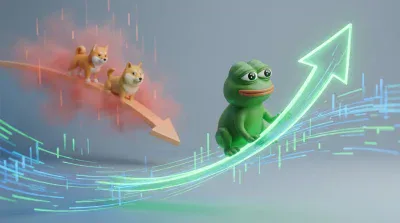 A 3D rendered image features a green Pepe the Frog character confidently riding a glowing green arrow pointing upwards. Behind Pepe, two light brown Shiba Inu dog characters are positioned on a downward-pointing orange arrow, enveloped in a reddish mist. The background shows abstract blue and green data lines and vertical bars on a light grey, blue-tinted surface, indicating market activity.