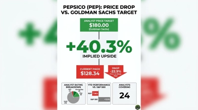 An infographic titled 'PEPSICO (PEP): PRICE DROP VS. GOLDMAN SACHS TARGET' displays financial data. The Goldman Sachs analyst price target is $180.00, with an implied upside of +40.3% from the current price of $128.34. The stock has dropped -22.9% from its 52-week high. A pie chart shows analyst ratings: 1 sell, 2 strong buy, 3 buy, and 18 hold. A bar chart compares YTD performance: PEP at -7.86% and S&P 500 at +13.5%. Twenty-four analysts are covering the stock.