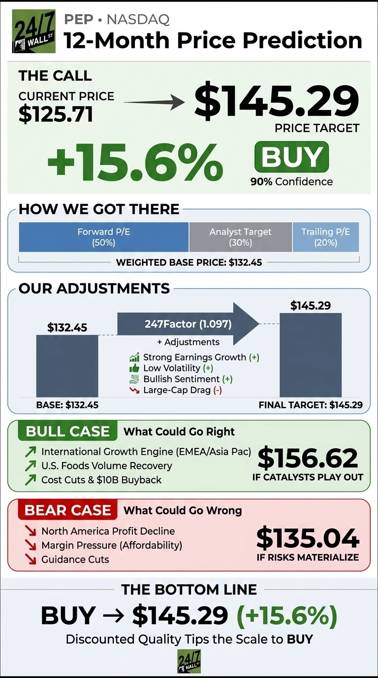 An infographic titled 'PEP NASDAQ 12-Month Price Prediction' by 24/7 Wall St. The call section shows a current price of $125.71, with an arrow pointing to a price target of $145.29, indicating a +15.6% increase and a 'BUY' rating with 90% confidence. The 'How We Got There' section details a weighted base price of $132.45, composed of Forward P/E (50%), Analyst Target (30%), and Trailing P/E (20%). 'Our Adjustments' shows the base of $132.45 adjusted by a '247Factor (1.097)' including positive factors like strong earnings growth, low volatility, bullish sentiment, and a negative factor of large-cap drag, leading to a final target of $145.29. The 'Bull Case' lists catalysts like international growth, U.S. foods volume recovery, and cost cuts/$10B buyback, potentially reaching $156.62. The 'Bear Case' lists risks such as North America profit decline, margin pressure, and guidance cuts, potentially leading to $135.04. The bottom line reiterates 'BUY -> $145.29 (+15.6%)' as discounted quality tips the scale.