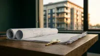 A close-up shot of a golden key resting on unrolled architectural blueprints and other documents on a dark wooden desk. Two rolls of blueprints are visible in the background on the left. Through a large window in the background, a modern multi-story apartment building with balconies is visible, bathed in the warm, golden light of late afternoon or early morning, with a soft, clear sky above.