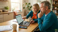 A man and a woman, both appearing to be in their late 50s or 60s, sit at a wooden table in a brightly lit kitchen or dining area. The woman, with blonde hair and wearing a teal cardigan over an orange top, points at a spreadsheet displayed on a silver laptop. The man, with grey hair and a beard, wears a teal sweater and thoughtfully rests his chin on his hand, looking at the screen. On the table are two white mugs, a stack of papers, and a smartphone displaying a financial graph. The background shows kitchen cabinets, a window, plants, and a bookshelf.