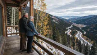 An older couple, a man with his arm around a woman, stands on a rustic wooden porch overlooking a vast mountain valley. The valley features dense evergreen forests, patches of golden aspen trees, and a winding road partially covered in snow. A small town is visible in the distance, all under a cloudy sky.