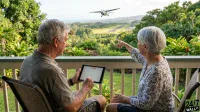 An older man and woman sit on a balcony overlooking a lush green Hawaiian landscape. A small airplane is descending towards a distant runway. The man holds a tablet displaying a calendar, while the woman points towards the plane. They are seated in chairs, surrounded by tropical foliage.