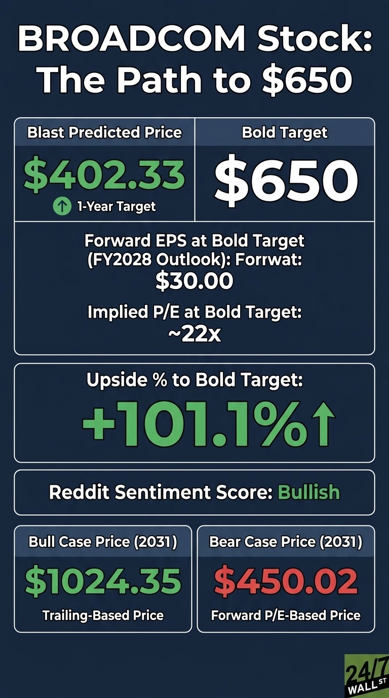 An infographic on a dark blue background titled 'BROADCOM Stock: The Path to $650'. It features several data points: 'Blast Predicted Price' is $402.33 with a green upward arrow indicating a '1-Year Target'. The 'Bold Target' is $650. Below this, 'Forward EPS at Bold Target (FY2028 Outlook)' is $30.00, and 'Implied P/E at Bold Target' is '~22x'. The 'Upside % to Bold Target' is shown as +101.1% with a green upward arrow. The 'Reddit Sentiment Score' is 'Bullish', highlighted in green. The bottom section presents 'Bull Case Price (2031)' as $1024.35, labeled 'Trailing-Based Price', and 'Bear Case Price (2031)' as $450.02, labeled 'Forward P/E-Based Price'. The bull case price is in green, and the bear case price is in red. A '24/7 WALL ST' logo is in the bottom right corner.
