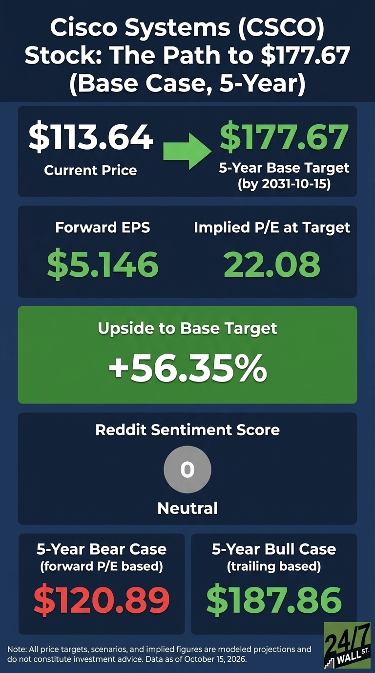 An infographic titled 'Cisco Systems (CSCO) Stock: The Path to $177.67 (Base Case, 5-Year)' on a dark blue background with green accents. It displays a Current Price of $113.64, leading to a 5-Year Base Target of $177.67 (by 2031-10-15). Other data points include Forward EPS of $5.146, Implied P/E at Target of 22.08, and an Upside to Base Target of +56.35%. The Reddit Sentiment Score is 0, labeled 'Neutral'. At the bottom, a 5-Year Bear Case is $120.89 (forward P/E based) and a 5-Year Bull Case is $187.86 (trailing based). A disclaimer states, 'All price targets, scenarios, and implied figures are modeled projections and do not constitute investment advice. Data as of October 15, 2026.' The 24/7 Wall St. logo is in the bottom right corner.