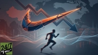 A stylized graphic showing a fragmented, glowing orange and blue Nike swoosh logo that begins as an upward arrow and then sharply turns into a downward trend over a world map. The map shows Asia and North America. Below the downward trend, a large blue arrow points down, surrounded by red financial numbers such as "-274", "-0.13", and "-0.28", along with text like "NKE" and "CHINA". In the foreground, a blurred silhouette of a person running is visible. The bottom left corner features the "24/7 WALL ST" logo.