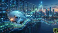 A visually striking graphic showing an open hard disk drive (HDD) with a read/write head, surrounded by glowing blue and green data lines. In the blurred background, there are server racks and a city skyline at dusk. Overlayed in the center is 'WDC Q1'27' with a dynamic stock market graph showing a peak and then a decline. Below the graph, a wavy ticker displays financial data, including 'PEK 140.2M' and 'Q1.27 124.26'. The '24/7 WALL ST' logo is in the bottom right corner.