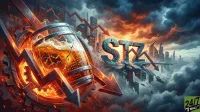 A dramatic digital illustration depicting a large, cracked beer barrel at the center, surrounded by fiery, metallic gears and sharp downward-pointing arrows. In the background, the letters 'STZ' are fractured and appear to be sinking into dark clouds above a city skyline, under a stormy, orange and blue sky. Stock market data and graphs are visible on screens and within the beer, reinforcing a theme of financial decline. The overall mood is one of intense market pressure and turbulence.