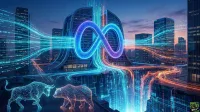 A glowing blue and purple infinity symbol, the Meta logo, is prominently featured in a futuristic cityscape at dusk, surrounded by luminous blue and orange data streams that flow between sleek skyscrapers. In the lower foreground, a blue wireframe bull and an orange wireframe bear face each other on a dark, reflective surface, representing market forces.