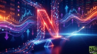 A glowing red 'N' letter, representing Netflix, stands on a neon blue seesaw in the center of a futuristic digital stock market interface. Colorful data streams, candlestick charts, numerical data, and upward and downward arrows surround the 'N' against a dark blue background. The overall mood is dynamic and technologically advanced, with a logo for '24/7 WALL ST' in the bottom right corner.
