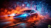 A silver Tesla electric car with bright blue headlights is central, surrounded by billowing orange smoke on a cracked asphalt road. To its right, a white and black Tesla Optimus humanoid robot stands. The background features a futuristic cityscape with glowing blue circuit board patterns and a prominent central processor chip, all under a dark sky.