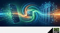 A futuristic digital illustration features a partially shattered smartphone on the left, an AI processor chip at the center with circuit board connections, and multiple data server racks on the right. Dynamic, glowing light trails in shades of blue, green, and orange flow between these elements, representing data transfer and technological connectivity against a dark, gradient background.