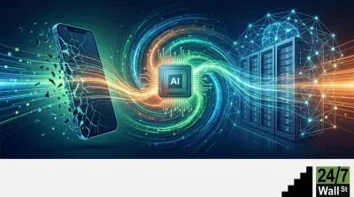 A futuristic digital illustration features a partially shattered smartphone on the left, an AI processor chip at the center with circuit board connections, and multiple data server racks on the right. Dynamic, glowing light trails in shades of blue, green, and orange flow between these elements, representing data transfer and technological connectivity against a dark, gradient background.
