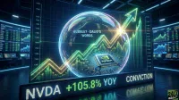 A glowing digital screen in a high-tech trading room displays a vibrant stock chart with an upward trend. A large, iridescent bubble contains an NVIDIA semiconductor chip and the text 'BUBBLE? - DALIO'S WORDS.' Below the main display, a scrolling LED ticker reads 'NVDA +105.8% YOY CONVICTION.' The background features multiple monitors showing financial data in a dark, blue-lit environment.