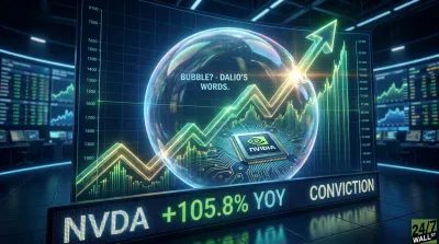 A glowing digital screen in a high-tech trading room displays a vibrant stock chart with an upward trend. A large, iridescent bubble contains an NVIDIA semiconductor chip and the text 'BUBBLE? - DALIO'S WORDS.' Below the main display, a scrolling LED ticker reads 'NVDA +105.8% YOY CONVICTION.' The background features multiple monitors showing financial data in a dark, blue-lit environment.
