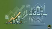 Conceptual financial illustration with rising gold arrows and gears on the left transitioning to a city skyline and a plunging grey arrow on the right.