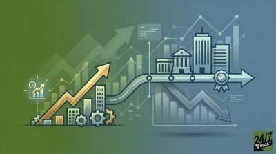 Conceptual financial illustration with rising gold arrows and gears on the left transitioning to a city skyline and a plunging grey arrow on the right.