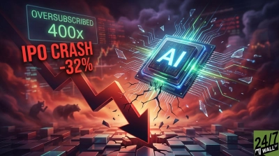 A digital illustration showing a glowing AI chip with blue circuits and light streaks, centered above a collapsing grid. A large red arrow points sharply downwards, breaking through the grid, with cracks spreading from the impact. In the upper left corner, green text reads 'OVERSUBSCRIBED 400x' and large red text below it says 'IPO CRASH -32%'. Two dark, shadowy bear figures are in the cloudy, reddish-orange background. The '24/7 WALL ST' logo is in the bottom right corner.
