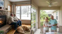 A split image shows two contrasting scenes. On the left, an older couple, dressed in sweaters, sits on a stone hearth next to a lit fireplace, looking out a large window at a snow-covered outdoor scene with trees and houses. A golden retriever lies asleep on a rug in the foreground. On the right, another older couple, in lighter clothing, stands on a screened-in porch, looking intently at papers they are holding. Palm trees and a sunny outdoor environment are visible through the screen, and a ceiling fan is above them.