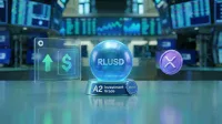 A glowing blue sphere labeled 'RLUSD' sits on a metallic pedestal displaying 'A2 Investment Grade' and a 'Moody's' seal. To its left, a transparent holographic panel shows a bright green upward arrow and a dollar sign. To its right, a purple XRP cryptocurrency coin floats, connected to the RLUSD sphere by a dotted white line. The background is a blurred, futuristic financial trading floor with screens displaying charts and data.