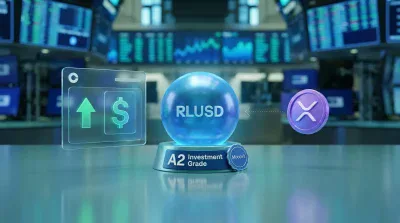 A glowing blue sphere labeled 'RLUSD' sits on a metallic pedestal displaying 'A2 Investment Grade' and a 'Moody's' seal. To its left, a transparent holographic panel shows a bright green upward arrow and a dollar sign. To its right, a purple XRP cryptocurrency coin floats, connected to the RLUSD sphere by a dotted white line. The background is a blurred, futuristic financial trading floor with screens displaying charts and data.