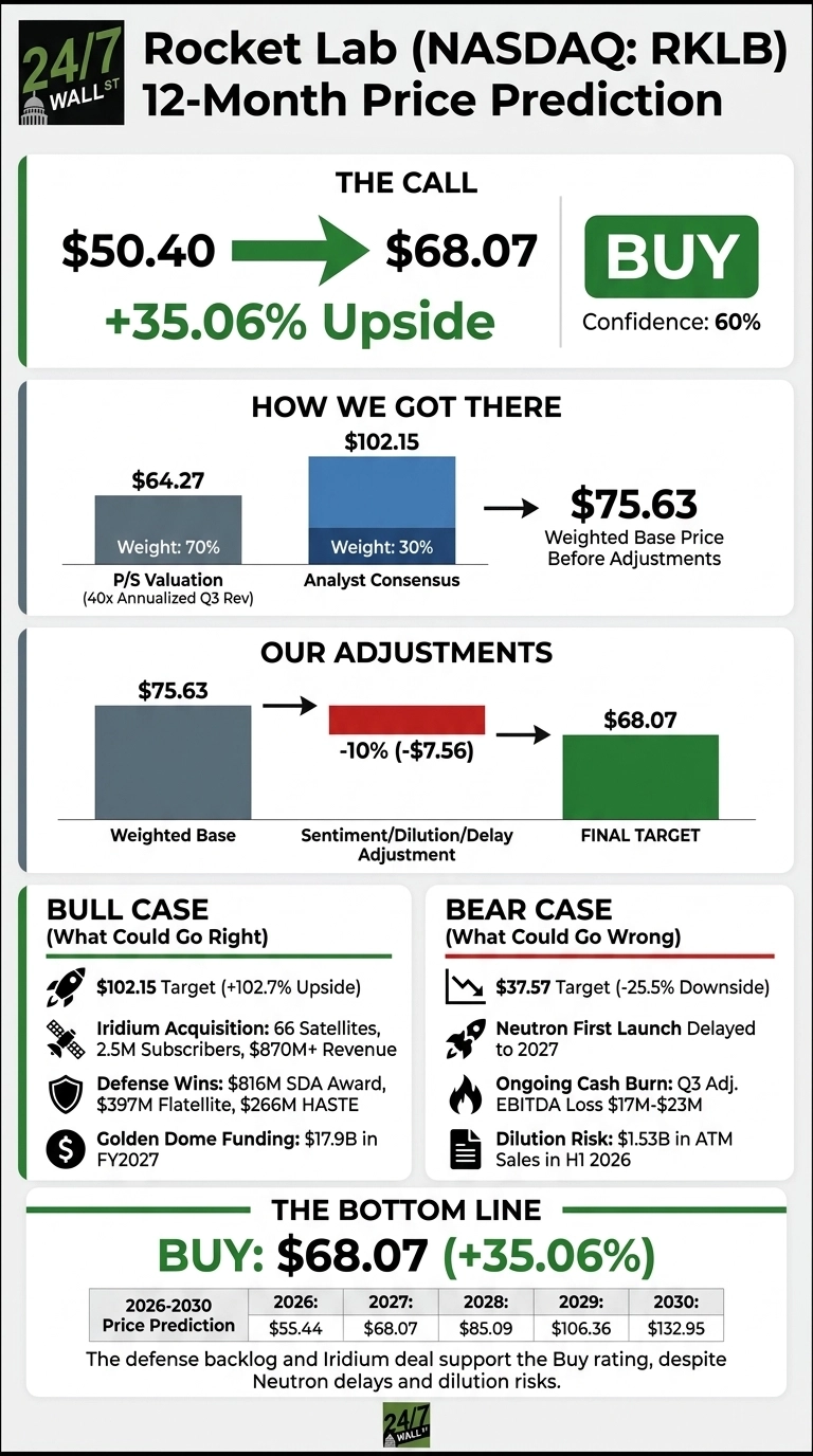 An infographic titled 'Rocket Lab (NASDAQ: RKLB) 12-Month Price Prediction.' It presents a 'BUY' call with a target price of $68.07, representing a 35.06% upside from $50.40, with 60% confidence. The infographic explains the target derivation, starting with a weighted base price of $75.63 from P/S Valuation ($64.27, 70% weight) and Analyst Consensus ($102.15, 30% weight). A subsequent -10% (-$7.56) adjustment for sentiment/dilution/delay leads to the final target. A bull case outlines a $102.15 target (+102.7% Upside) based on Iridium acquisition, defense wins, and Golden Dome funding. A bear case shows a $37.57 target (-25.5% Downside) due to Neutron launch delays, cash burn, and dilution risk. A table displays price predictions for 2026 ($55.44), 2027 ($68.07), 2028 ($85.09), 2029 ($106.36), and 2030 ($132.95).