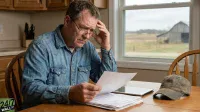 An older Caucasian man wearing glasses and a denim shirt sits at a wooden table, holding his head with one hand and looking worriedly at papers in the other. A stack of documents and a tablet are on the table, along with a worn baseball cap. Through a window behind him, a blurred rural landscape with a barn is visible under an overcast sky. The man is focused on the documents with a stressed expression.