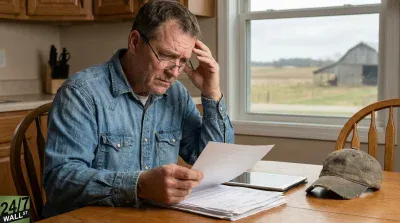 An older Caucasian man wearing glasses and a denim shirt sits at a wooden table, holding his head with one hand and looking worriedly at papers in the other. A stack of documents and a tablet are on the table, along with a worn baseball cap. Through a window behind him, a blurred rural landscape with a barn is visible under an overcast sky. The man is focused on the documents with a stressed expression.