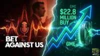 A split image with a central lightning bolt. On the left, a red-hued scene with sound waves, a microphone icon, and the text 'BET AGAINST US' in a glitchy font, with a blurred man in a suit in the background. On the right, a green-hued scene showing an upward stock arrow graph with 'GME' and '$22.8 MILLION BUY' text. A hand is turning the wheel of a large, metallic vault door. The bottom right features the '24/7 WALL ST' logo.